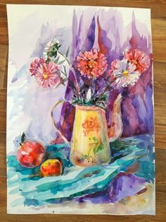 a painting of flowers in a pitcher and apples on a tablecloth with watercolor paper