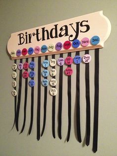 a birthday sign hanging from the side of a wall with lots of pins on it