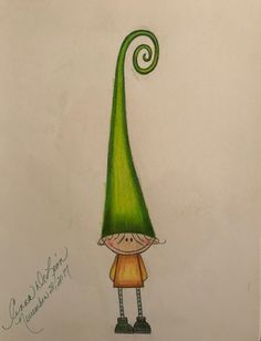 a drawing of a little boy with a green hat on his head and long hair