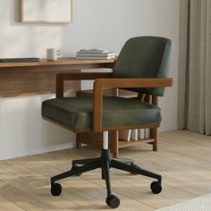 an office chair sitting in front of a desk