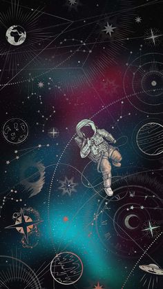 an astronaut floating in space surrounded by stars and planets