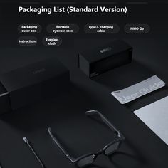 the packaging list standard version includes eyeglasses, tape - on labels, and business cards