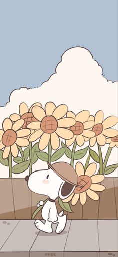 a cartoon dog is standing in front of some flowers and looking at the ground below