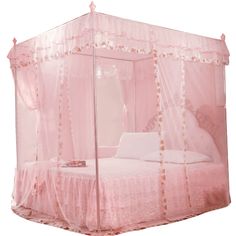 a pink canopy bed with white sheets and laces on the top, is shown