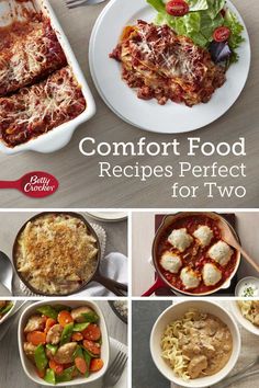 four different pictures of food with the words comfort food recipes perfect for two on them