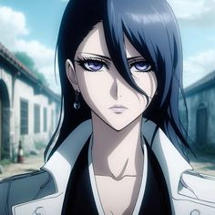 an anime character with black hair and blue eyes looks at the camera while standing in front of a building