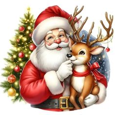 a santa claus holding a deer in front of a christmas tree