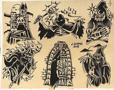 an old school tattoo flash sheet with different designs on it's back and sides