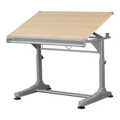 a standing desk with a wooden top and metal legs, on an isolated white background