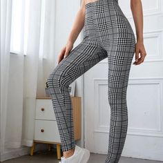 2/$30 Sale! Nwt Shein High Waisted Plaid Leggings! Brand New In The Bag Never Tried On Really Cute For Work Or Play! Thick Legging Realistic Outfits, Checked Leggings, Wide Leg Leggings, Plaid Leggings, Snakeskin Leggings, Thick Leggings, Black Leather Leggings, Leopard Print Leggings, Flared Leggings