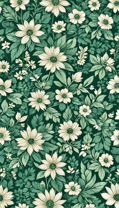 green and white floral wallpaper with large flowers in the center, on a dark background