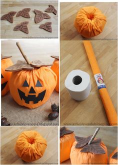 the steps to make a pumpkin - shaped toilet paper roll holder