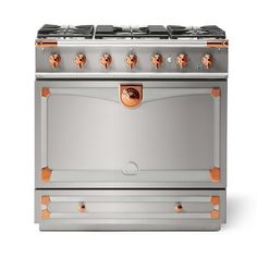 a silver and copper stove top oven with two burners on the front, and four burners on the back