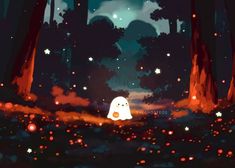 a cartoon ghost in the woods at night