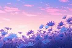 purple flowers are in the foreground with a pink and blue sky behind them at sunset