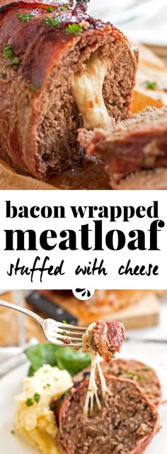 bacon wrapped meatloaf stuffed with cheese on a plate