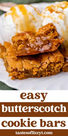 easy butterscotch cookie bars with ice cream on top