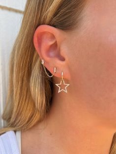 This diamond star earrings are so unique and cute! Made of 14k gold with a diamond star charm attached - They are sure to make a statement whenever you wear them. Luxury Star Shaped Earrings With Star Charm, Lucy Diamond, Diamond Star Earrings, Tennis Jewelry, Gold Huggies, Kids Earrings, Diamond Star, Initial Jewelry, Religious Jewelry