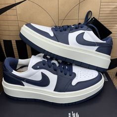 New Nike Air Jordan 1 Elevate Low Women Size 11 White Midnight Navy Dh7004 141 Brand New With Box Box Has No Lid Authentic Blue Platform Sneakers With Contrast Sole For Sports, Nike Azul, Air Jordan 1 Elevate Low, Jordan 1 Elevate Low, Jordan 1 Elevate, Low Jordan 1, Nike Air Jordan Shoes, Blue Jordans, Womens Jordans