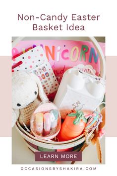 a basket filled with candy and other items