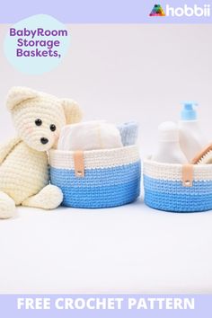 there is a crochet basket with a teddy bear next to it