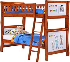 a wooden bunk bed sitting next to a stuffed animal on top of a white wall