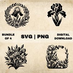 the svg bundle includes flowers and plants in black on an old parchment paper background