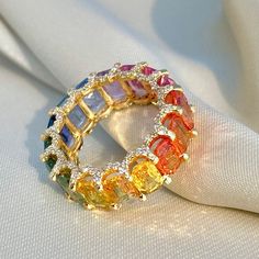 Rainbow Multicolor Eternity Band Ring – shine of diamond Color Stone Rings, Thick Jewelry, Pretty Jewelry Necklaces, Sterling Silver Wedding Band, Rainbow Rings, Silver Wedding Bands, Round Cut Engagement Rings, Golden Ring, Bridal Ring Sets