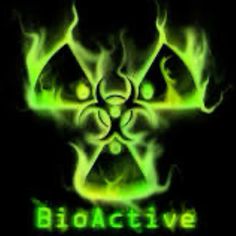 the bioactive logo is glowing green and black with flames in the shape of an x - ray