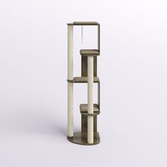 a tall metal shelf with three shelves on each side