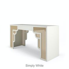 a white desk with an open door on the top and side panels in different colors