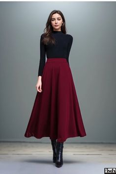 Fisdy - High-waisted A-line Skirt with Elastic Waistband, Perfect for Square Dancing and Casual Wear Vintage Aesthetic Dress, Red Outfit Casual, Slavic Style, Skirt With Elastic Waistband, Midi Skirt With Pockets, Modesty Outfits, Square Dance, Square Dancing, Stylish Dress Book