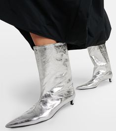 Metallic leather ankle boots in silver - Jil Sander | Mytheresa Jil Sander, Turtleneck Sweater Outfit, Silver Moon, Metallic Leather, Leather Ankle Boots, Shoe Box, Sanders, Turtleneck Sweater, Sweater Outfits