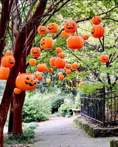 many pumpkins hanging from trees in the middle of a path with faces on them