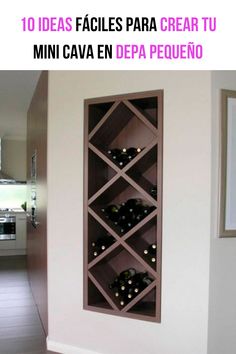 a wine rack in the corner of a room with tile flooring and white walls