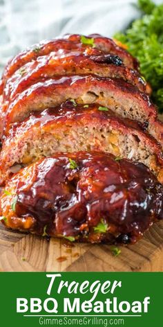 meatloaf on a cutting board with ketchup and parsley in the background