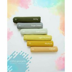 five different colors of fabric on top of each other with the words army, soft green, light mustard, mustard and cream