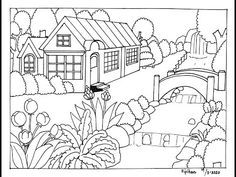 a black and white drawing of a house in the middle of a garden with flowers