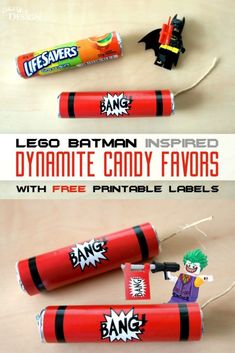 lego batman inspired dynamite candy favors with free printable labels and instructions to make them