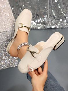 Women Fashionable Metal Buckle Design Litchi Pattern Square Toe Mules With Half Cut-Outs And No Heels, Elegant Beige Flat Shoes For Outdoor WearingI discovered amazing products on SHEIN.com, come check them out! Heels Elegant, Beige Flats, Shoe Game, Flat Shoes, Metal Buckles, Amazing Products, Cut Outs, Shoes Flats, Buckle