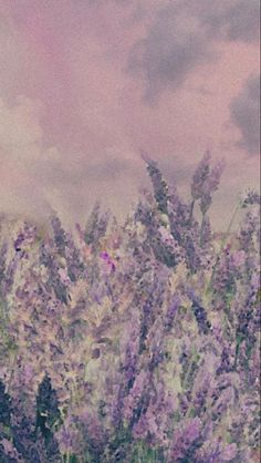 a painting of purple flowers against a cloudy sky