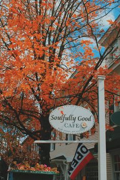 an orange tree in front of a white sign that says squisfully good cafe