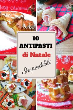 some food that is sitting on top of a red and white table cloth with the words 10 antipasti di natalle impenditi