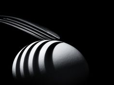 a black and white photo of three forks sticking out of an egg in the dark