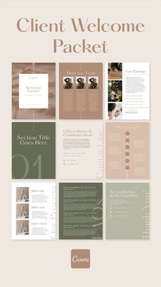 the front and back cover of a brochure for client welcome packet, with different images