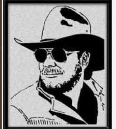 a black and white drawing of a man wearing sunglasses, a hat and a beard