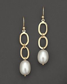 14 Kt. Yellow Gold Link And Freshwater Pearl Drop Earrings_0 Modern Pearl Jewelry Design, Handmade Pearl Jewelry, Pearl Earrings Designs, Pearl Drop Earrings Gold, Diamonds Earrings, Freshwater Pearl Drop Earrings, Pearl Jewelry Design, Jewelry Diamonds