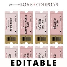 four pink tickets with the word love coupons printed on them, all in black and white