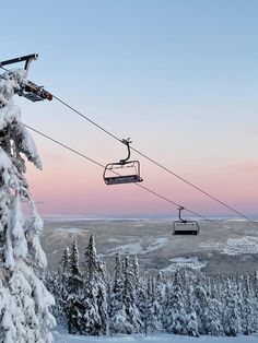 a ski lift is above the snow covered trees