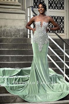 Glamorous Mermaid Dress With Sweep Train For Pageant, Floor-length Mermaid Dress With Sweep Train For Pageant, Floor-length Mermaid Dress For Pageants, Floor-length Sweep Train Mermaid Dress For Pageant, Sage Green Prom Dress, Sleeveless Prom Dress, Glitter Prom Dresses, Prom Dress With Train, Classy Prom